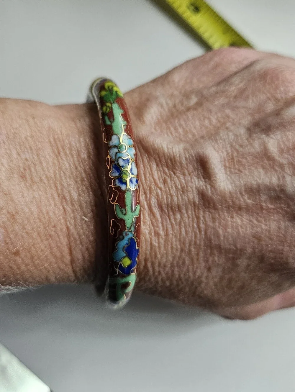 Vintage Cloisonne Lotus Flower Bangle Hinged Red Enamel